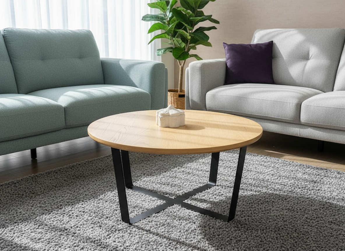 Round pine coffee table on Black metal stand